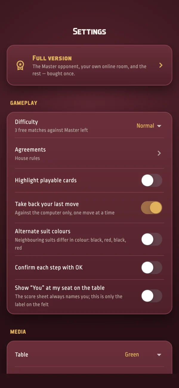 Settings screen
